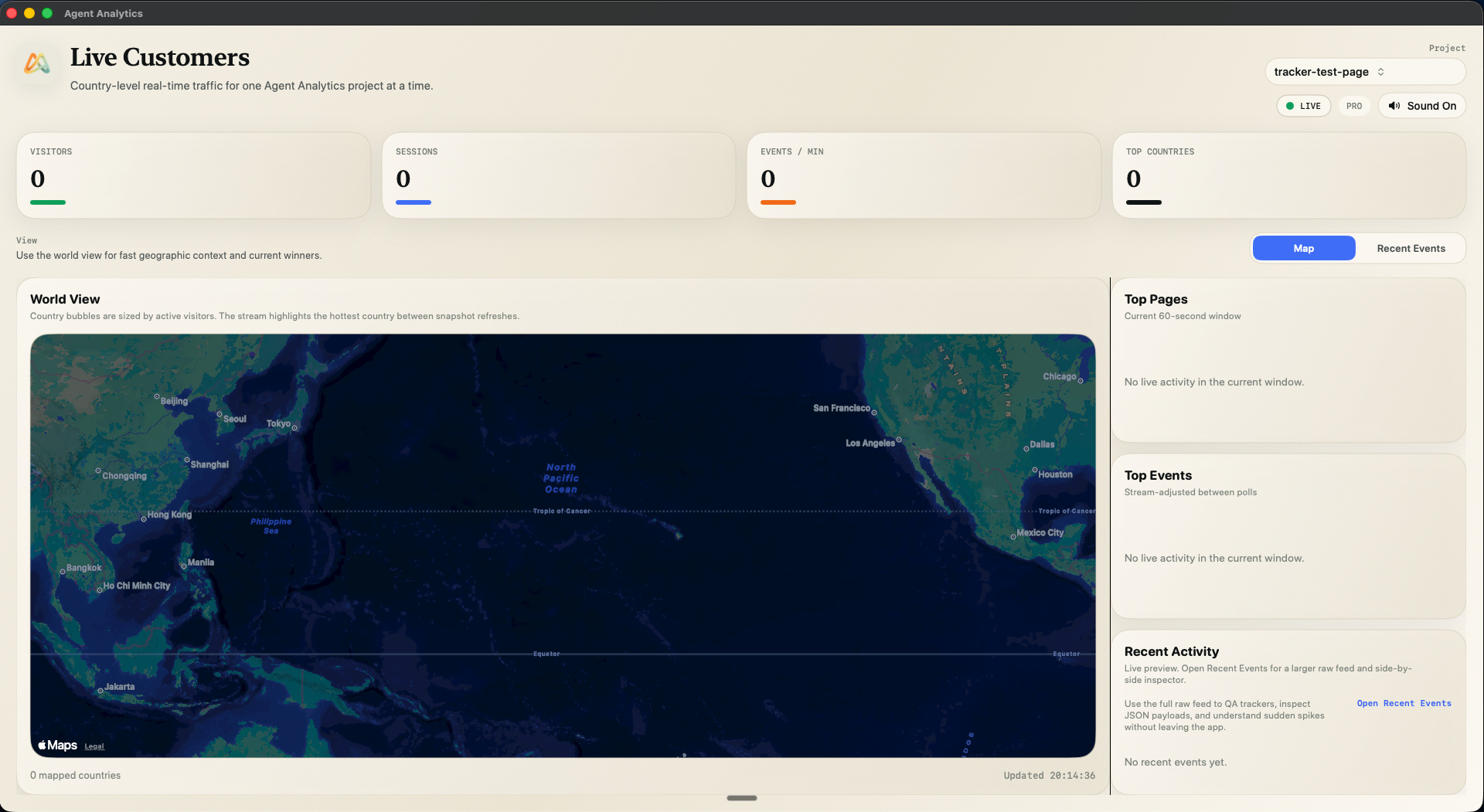 Screenshot of the Agent Analytics Live Monitor app showing the world map view and live traffic panels