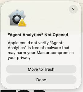 The first macOS warning for "Agent Analytics" with the Done button visible