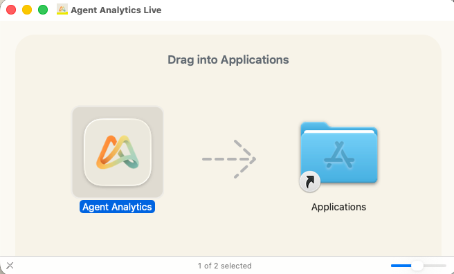 The Agent Analytics DMG window showing the app being dragged into the Applications folder