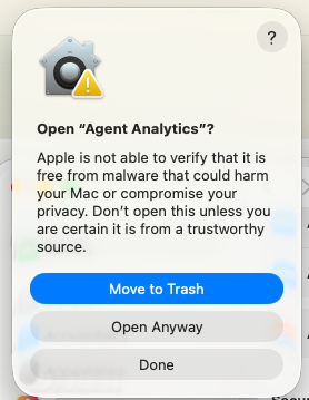 The follow-up macOS confirmation dialog showing the Open Anyway button for Agent Analytics