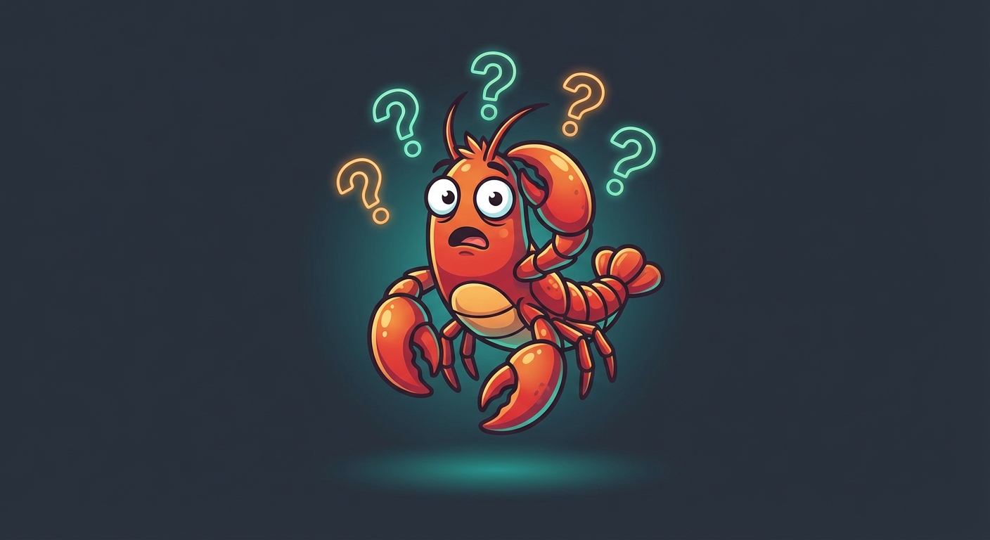 Confused lobster mascot with question marks