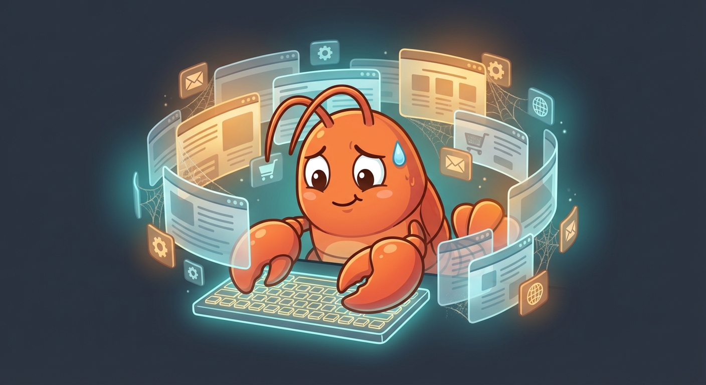 Overwhelmed lobster with browser tabs