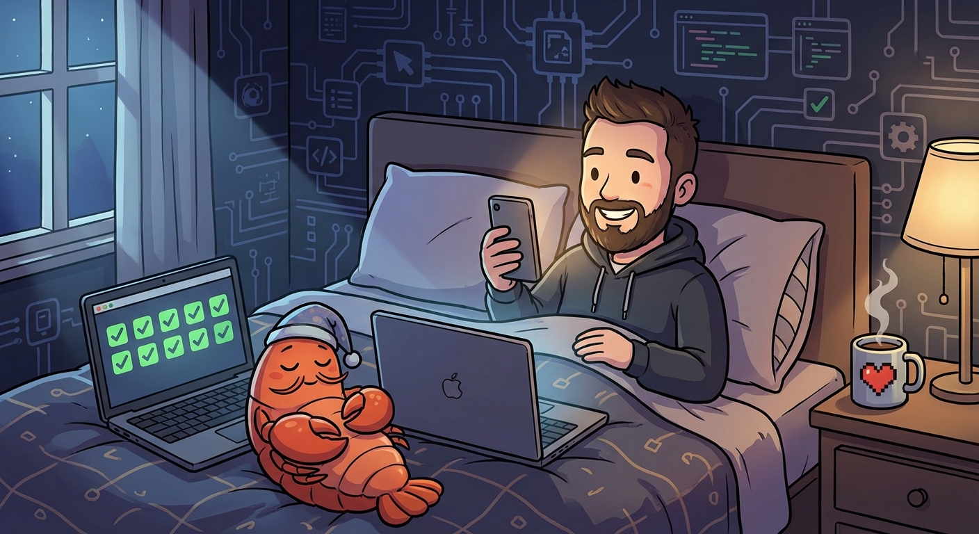 Developer relaxing while lobster monitors all projects
