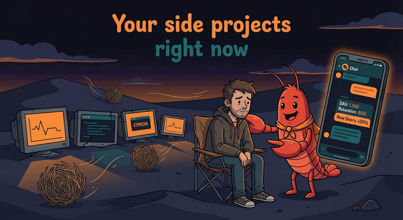 Desert scene with tumbleweeds rolling past dead monitors, lobster tapping developer